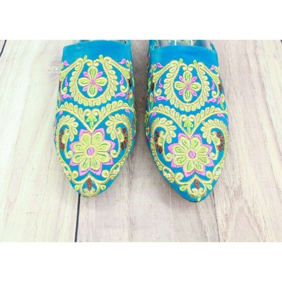Women's Embroidered Blue Floral Pointed Toe Slip On Mules Flats Shoes Size 7 - Picture 5 of 10